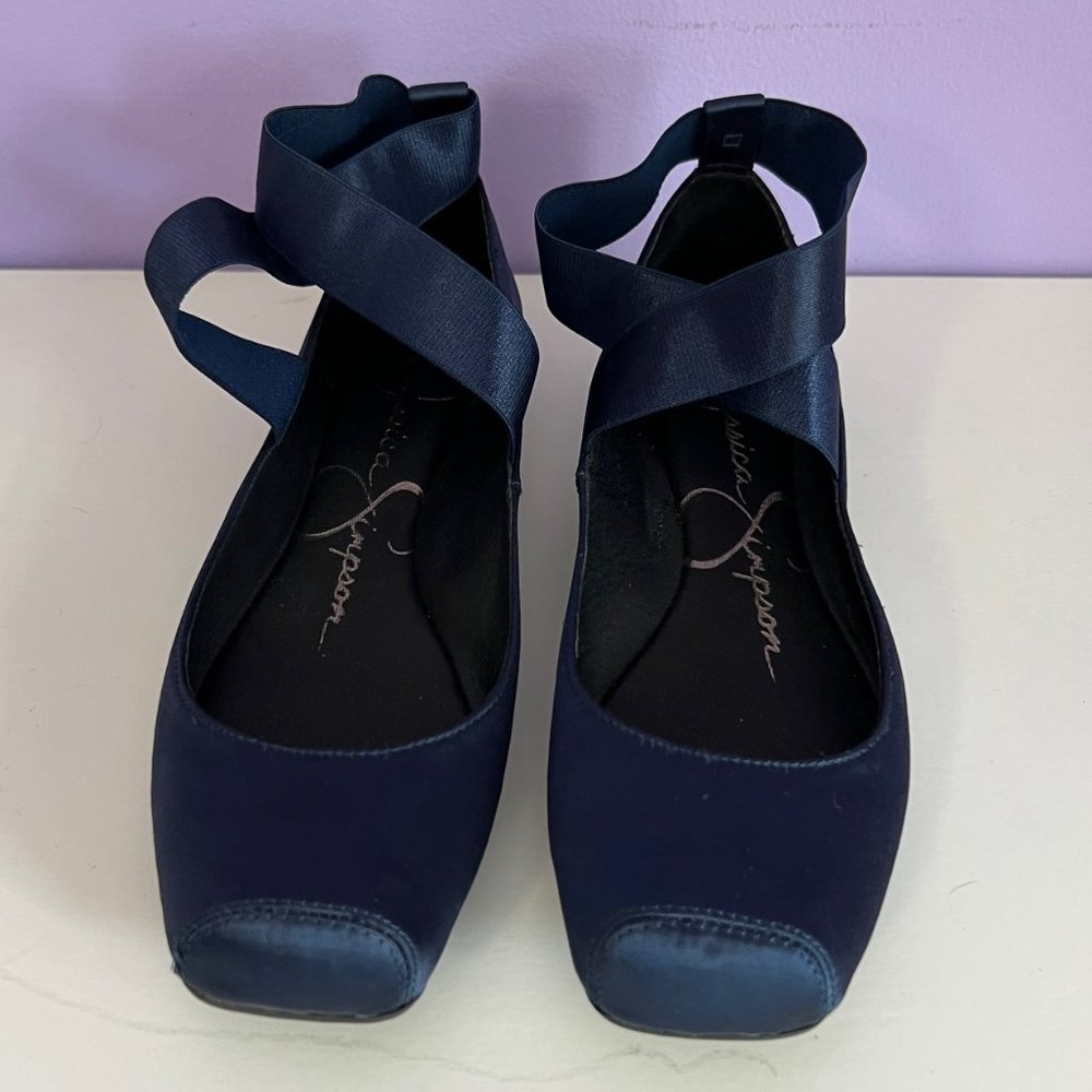 Jessica Simpson Mandalaye Square-Toe Ankle Wrap Ballet Flats, Navy, Size 6.5